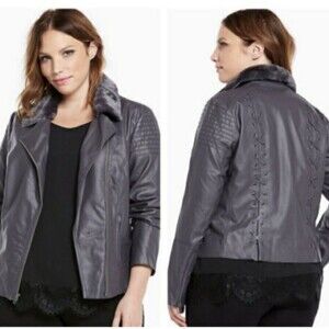 Torrid Gray Faux Leather Moto Jacket Grunge Lace-Up Fur Collar 1X
